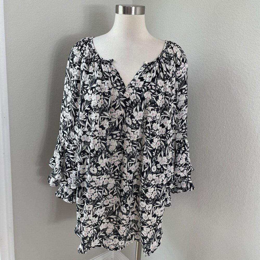 Chaps Womens Plus 2X Black White Boho Floral Ruffle Sleeve Blouse Shirt